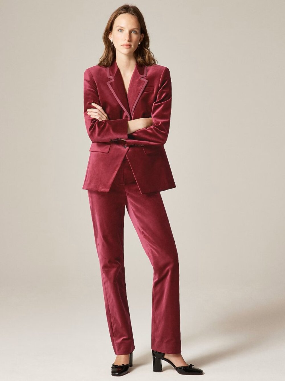 J. Crew Velvet Tailored Pants in Inky Burgundy